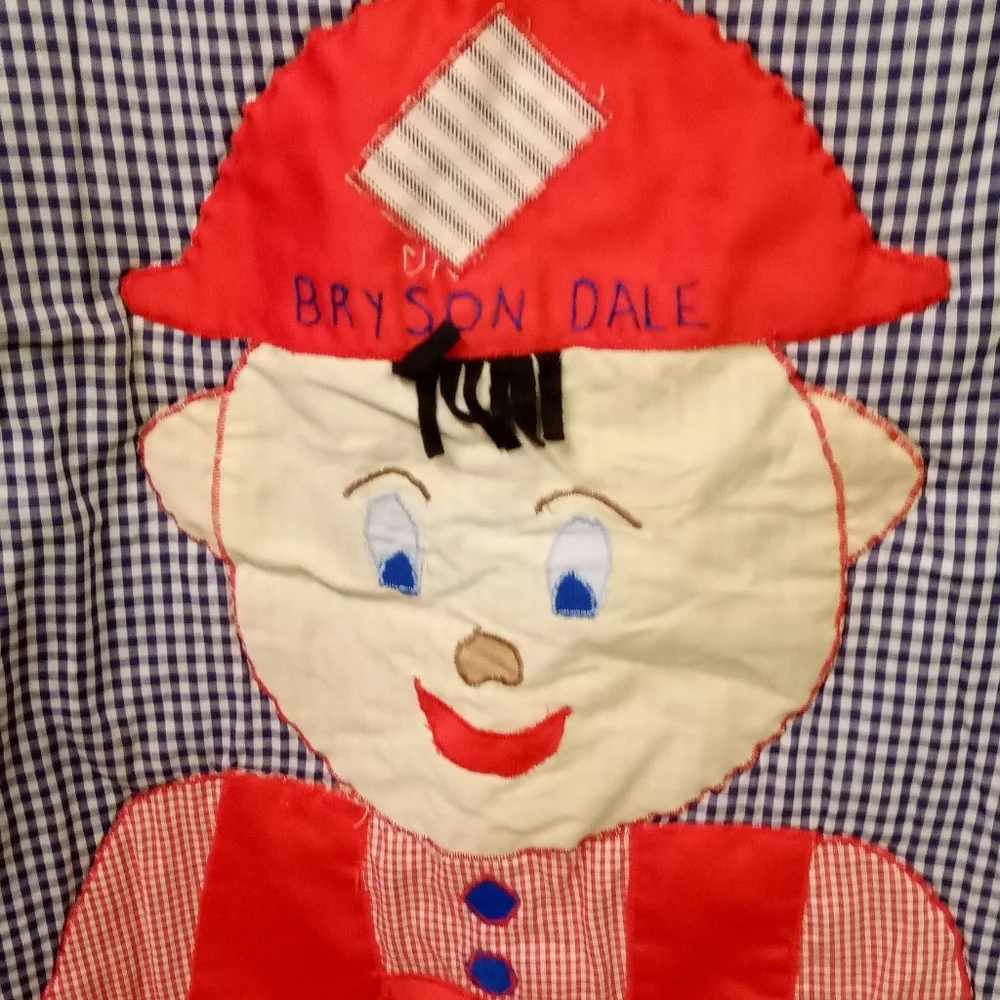 VINTAGE Handcrafted Quilt Child Boy Fishing, Blue, Red & White Checkered 53x44